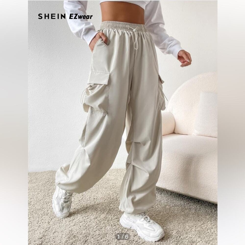 NWT Small SHEIN EZwear Cream-Colored Drawstring Waist Flap Pocket Cargo Pants - Picture 5 of 9